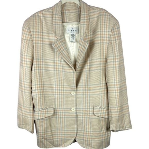 Vintage Virani Cream Plaid 100% Wool Blazer with Windowpane Pattern Size 12 - Picture 1 of 12